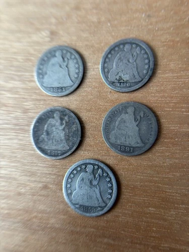 1851-1891 US Seated Liberty Dimes 5 Lot