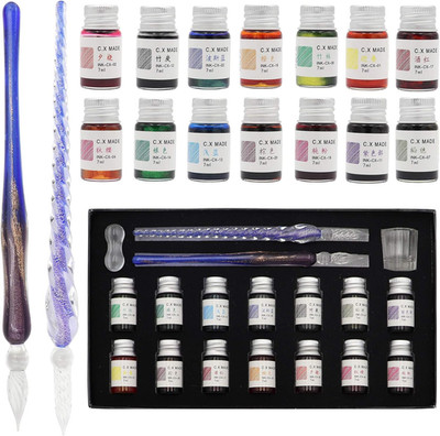 Glass Dip Calligraphy Pen Set, 18-Pieces 14 Color Inks, Pen Holder, Cleaning Cup