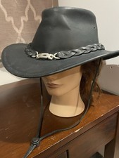 Black Leather Hat Outback Cowboy Style Unisex Size Large Waterproof