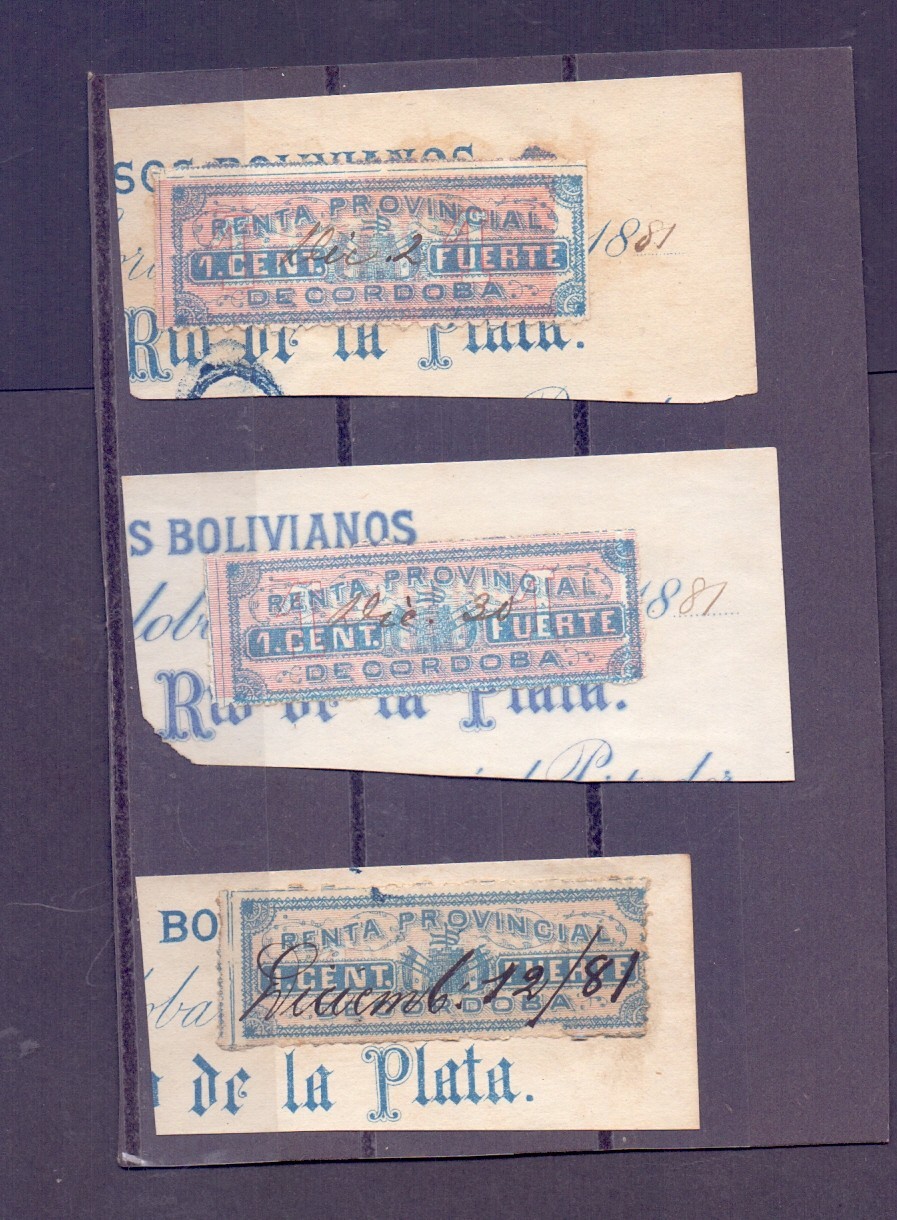 Argentina 3 Fiscal stamps Postal revenue from Cordoba   Fortian N°1 in fragment