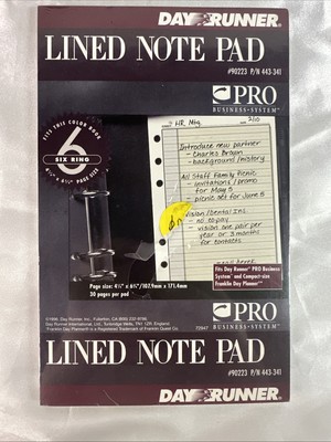 Day Runner Lined Note Pad Pro Business System 6 Ring Page Size 4.25x6.75 NIP
