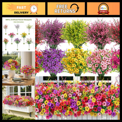 48 Bundles UV Resistant Artificial Flowers for Outdoor Garden Decor, Realistic L