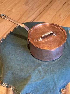 Vintage 6.5 In. Copper Tin Lined Sauté Pot with brass handle And Lid