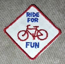 VINTAGE 70s FABRIC APPLIQUE PATCH BICYCLE RIDE FOR FUN RED WHITE BLUE