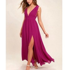 NWOT Lulus Women's XS Heavenly Hues Magenta Maxi Dress Formal V-Neck High Slit