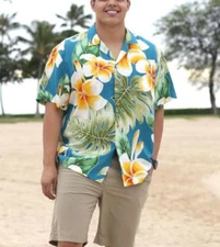 NWT Paradise Found Plumeria Beauty Jade Hawaiian Print Rayon Shirt 4XL USA