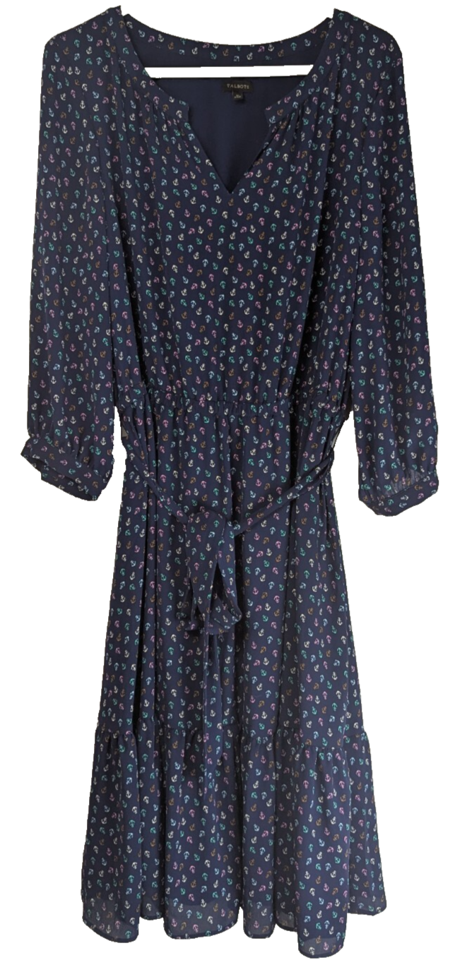 Talbots Womens 16 Anchor Print Flouncey Tiered Hem Midi Dress Lined Nautical