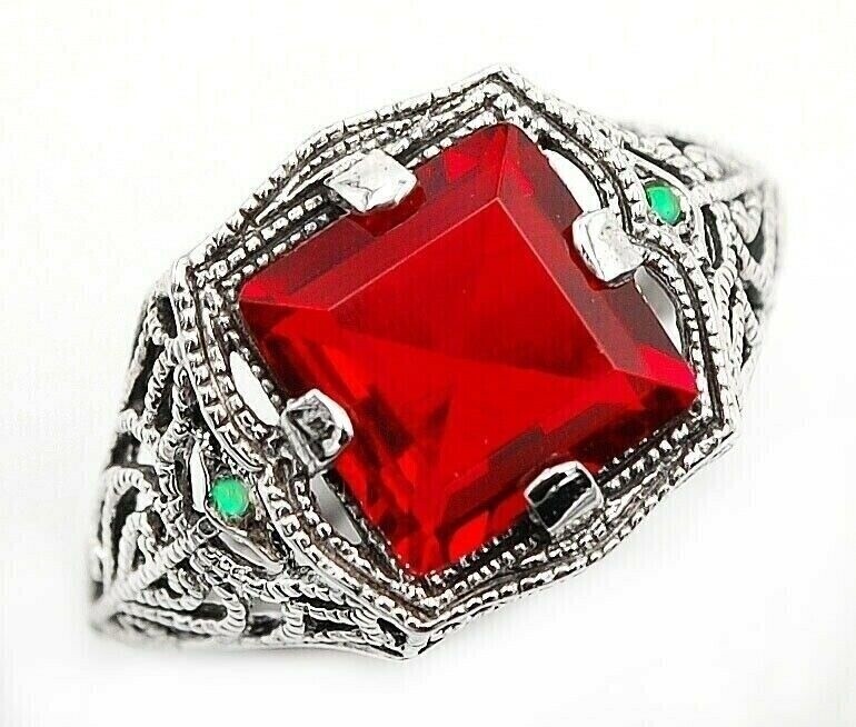 2CT Natural Fire Garnet & Opal Vintage Sterling Silver Ring Size 7