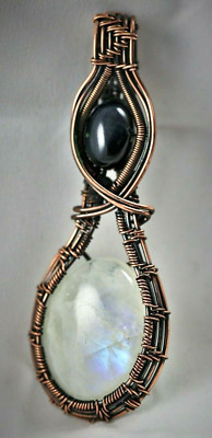 Moonstone Black Onyx Copper Wire Wrap Pendant  Elegant Handcrafted !