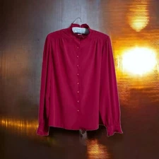 Vtg High Neck Victorian Edwardian Blouse Ruffled Sz 12 Burgundy Gailord 