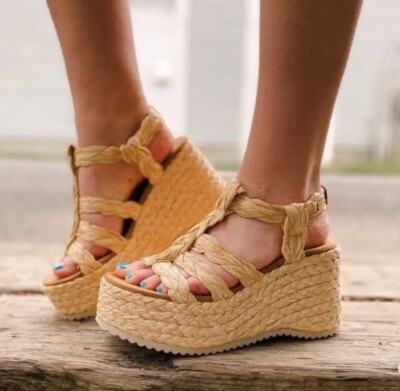 Free People Platform Sandals Beige Raffia Rendevous  Braid Weave Shoes Sz 10 New