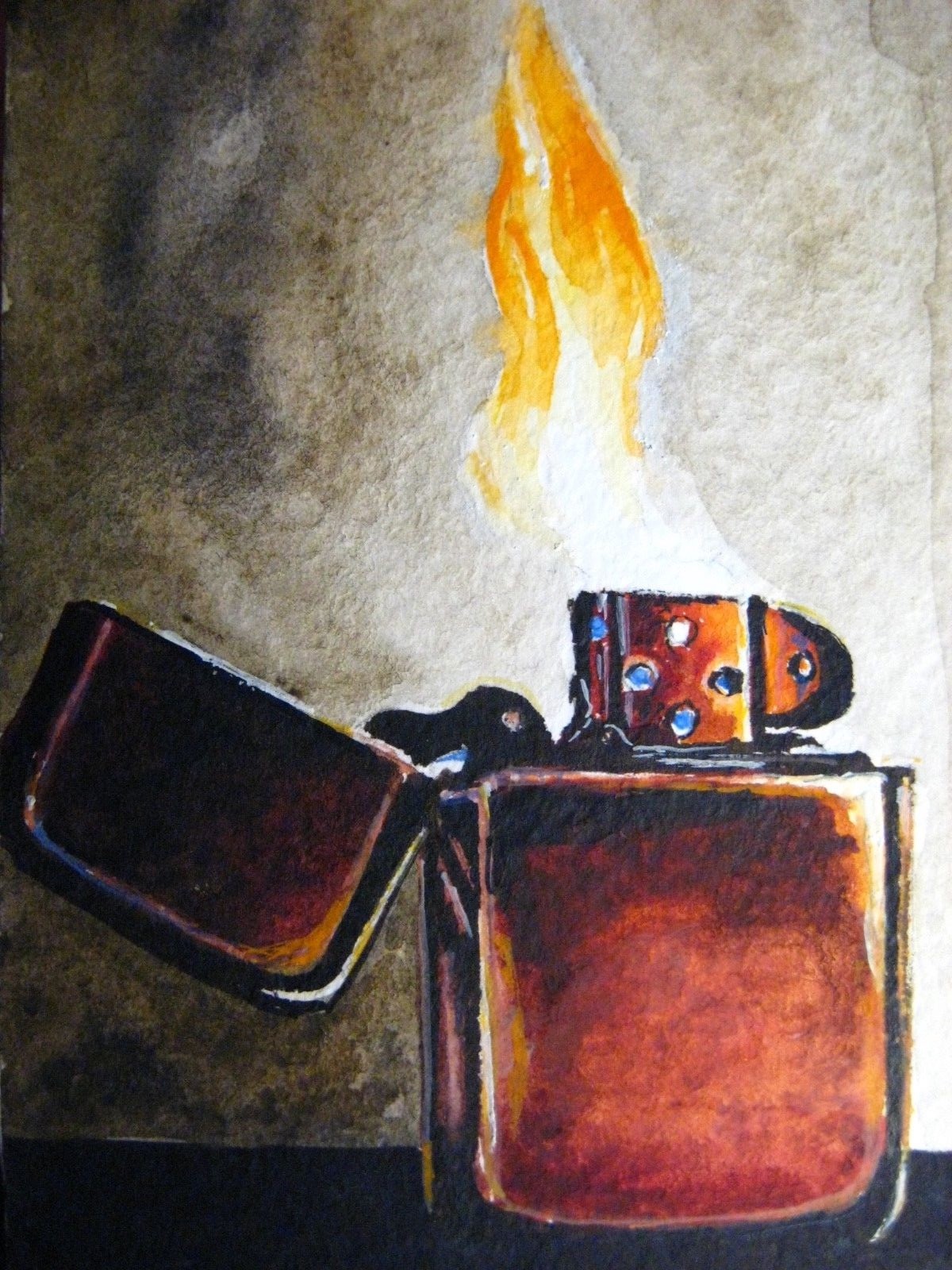 Watercolor Painting Zippo Lighter Fire ACEO Art '