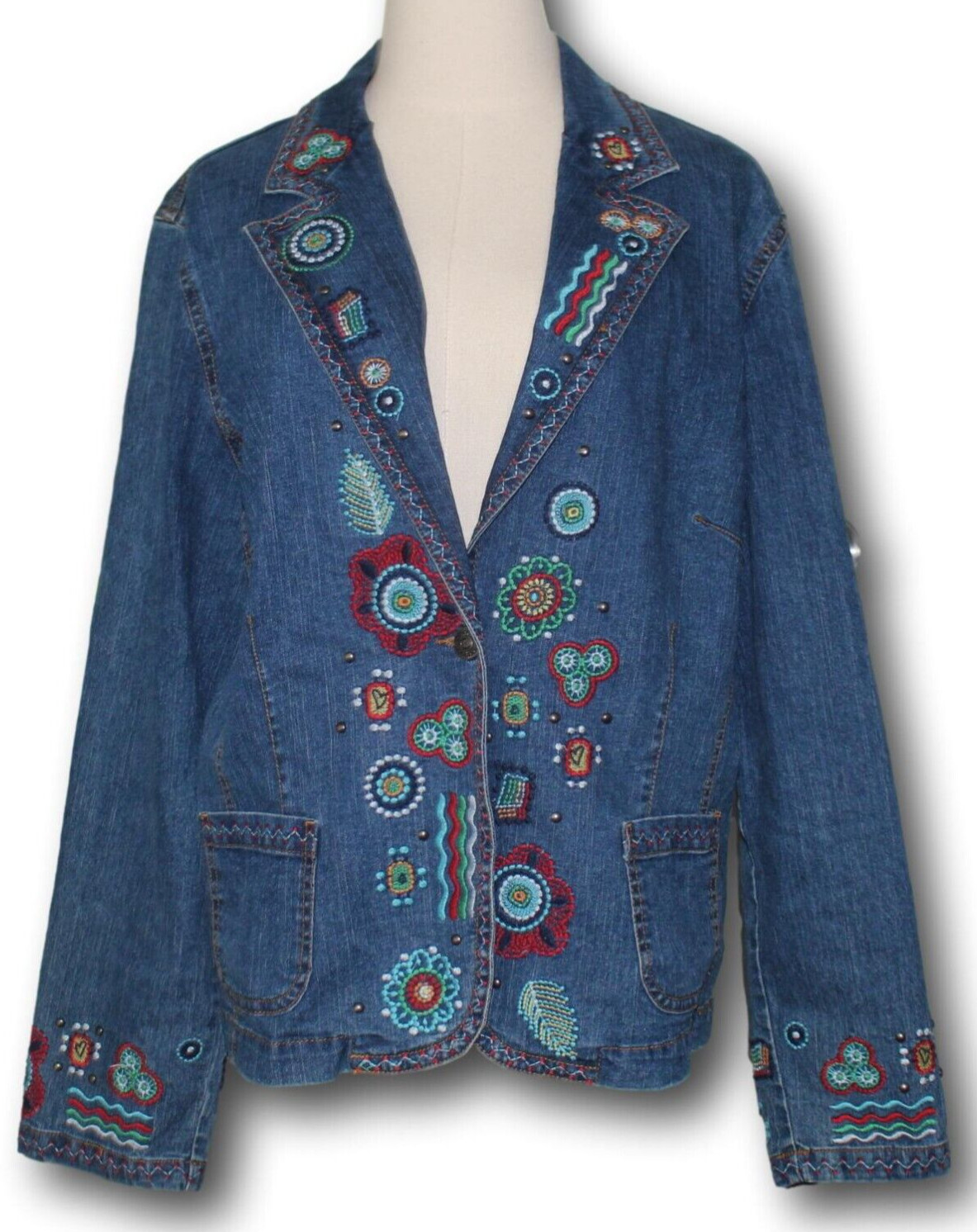 RUBY ROAD (18) Aztec Boho Style Denim Jacket Embr… - image 1
