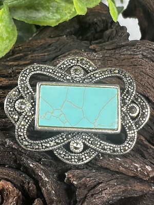 Vintage Marcasite 925 Silver Brooch With Imitation Turquoise Stone