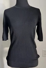 032C Black Knit Short Sleeve Knit Top Part Sheer Size Medium