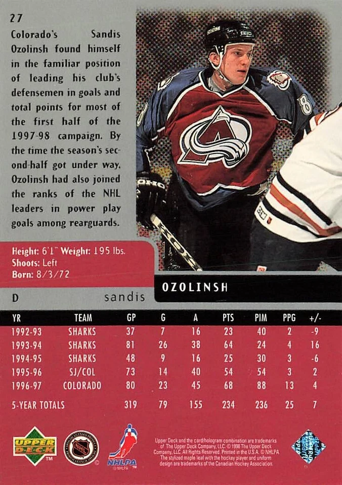 Sandis Ozolinsh 1997-98 Black Diamond Hockey #27 Colorado Avalanche - Image 2 of 2