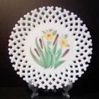 Vintage Westmoreland Milk Glass Lattice Open Edge HandPainted Cattails Plate 11"