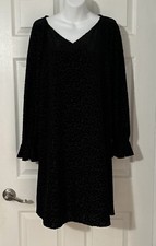 Nine West Dress 10 Black Velvet Subtle Animal Print Long Sleeve V-Neck (S314)