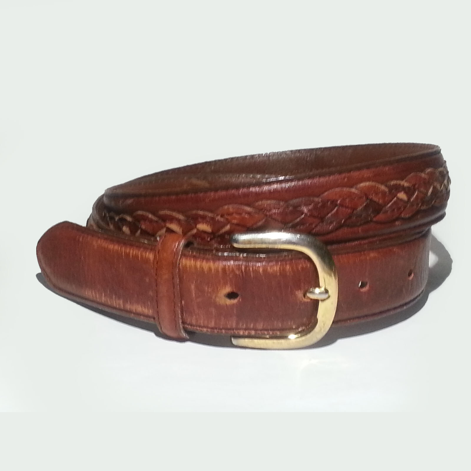 Brown Leather Belt for Men with Solid Brass Buckle Size 34 27mm Width Decorative Design-image