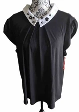 NWT Elle XL Blouse Black White Peter Pan Collar Beaded Top Shirt X Large