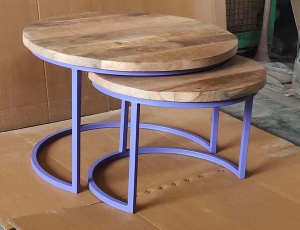 2Er Set Couchtisch Mangoholz Rund Metall Mango Satztische Sofatisch Lila Flieder-image