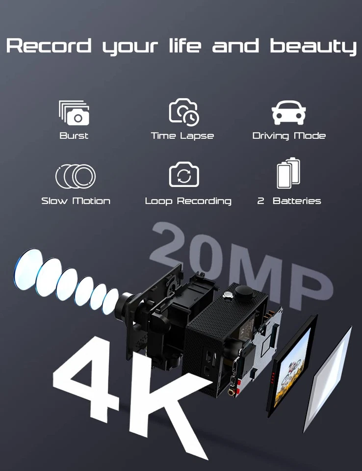 4K 20MP WiFi Caméra Sport sous-Marine 40M Étanche Caméra de Sport Ultra HD 17... - Photo 2/4