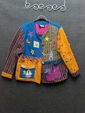 Indigo Moon Blazer Jacket Button Front Artsy Eclectic Colorful Linen 48" Chest