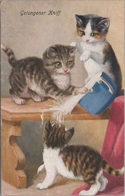 Vintage German Lithograph Postcard Cats Spilling Milk Gelungener Kniff