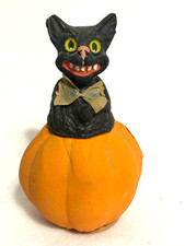 GERMAN BLACK CAT ON PUMPKIN CANDY CONTAINER HALLOWEEN VINTAGE ANTIQUE