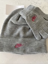 NIKE Girls Youth 7/16 2 Piece Fold over Futura Beanie Hat Gloves Set Gray Pink