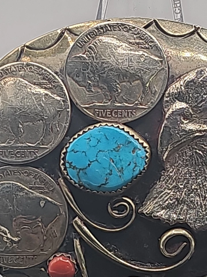 Squaw Wrap Native American Belt Buckle Turquoise Coral Eagle Nickel Silver RARE - Image 2 of 3