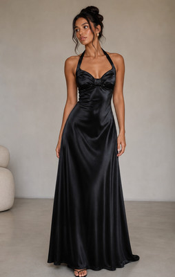 Vtg  Roberta of California Black Satin Halter Dress Sz 11/12  Fits Smaller