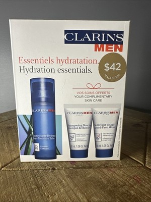 Clarins Men Hydration Essentials 4pc Travel Gift Set Skincare & Hair $51 VALUE