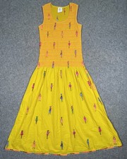 Nimo with Love Dress Smocked Bodice Embroidered Figures Pockets Yellow Small