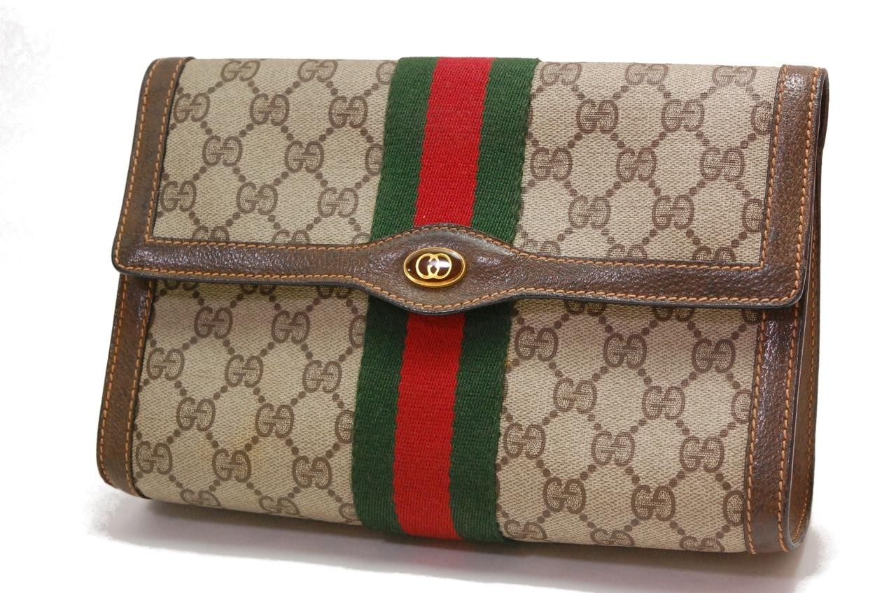 Auth GUCCI GG Web Sherry Line Clutch Bag Pouch Brown 1230a