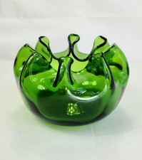 Blenko Glass Crimped Rose Bowl 947 Pinch Top Green Art Glass 4" 1950's
