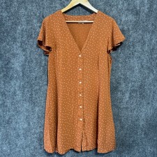 Rip Curl Dreamer Spot Dress Women L Brown Polka Dot Button Front Mini Boho Beach