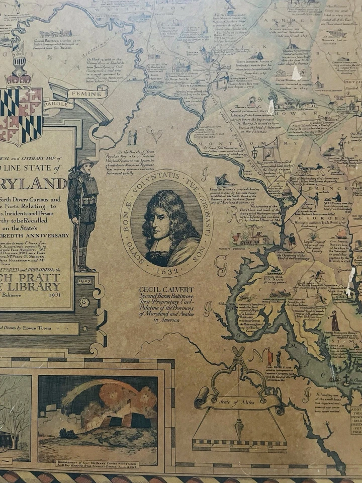1956 Вторичный Принт 1931 300-летие Hist. Живописная карта Мэриленда  - Изображение 4 из 4
