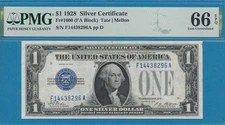 $1.00 1928  FR.1600  FUNNY BACK BLUE SEAL SILVER CERTIFICATE PMG GEM 66EPQ