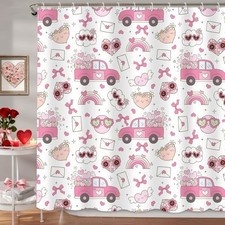 Retro Valentines Shower Curtain,70s Groovy Cute Love Heart Truck Rainbow