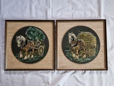 Pair of Vintage horse and cart slate pictures retro kitsch 1960s 1970s