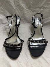 Nina Black Satin Rhinestone Strappy Heels Women  s 6.5M Evening Prom Sandals