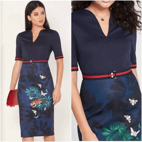 TED BAKER Yalila Houdini Print Bodycon Midi Dress in Navy Sz 3
