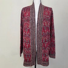 NEW CJ Banks 3X Open Cardigan Sweater Long Sleeve Red Brown Jacquard 