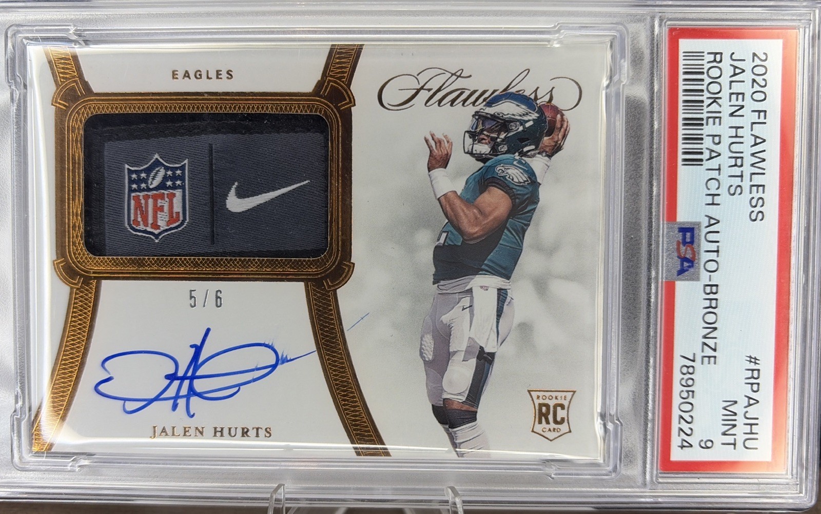 2020 Flawless JALEN HURTS RPA Bronze #5 /6 PSA 9 Nike Swoosh NFL ROOKIE Auto RC