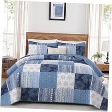 Patchwork Quilt Set Size,3 Pieces Boho Bedspread Coverlet Set Plaid Queen Blue