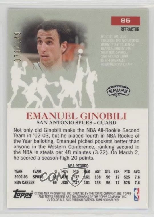 2003-04 Topps Pristine Refractor /149 Manu Ginobili Emanuel Ginobili #85 HOF - Image 2 of 2