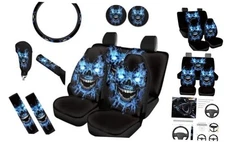 Skull Car Seat Covers Full Set with Steering Wheel Blue Skull