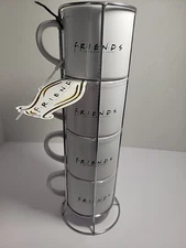 4 FRIENDS TV Show Central Perk Coffee Cup Stackable Mug Set Silver Holder - New