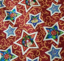 Sewing Fabric Fabri-Quilt Christmas Star Russet Red Blue Gold 21X45" Cotton
